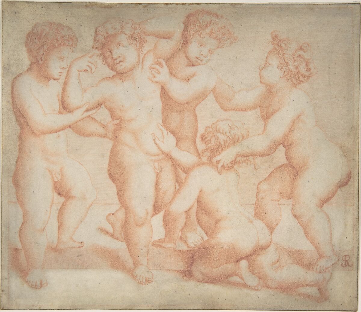 Frieze of Five Putti, After Marco Dente (Italian, Ravenna, active by 1515–died 1527 Rome), Red chalk on parchment