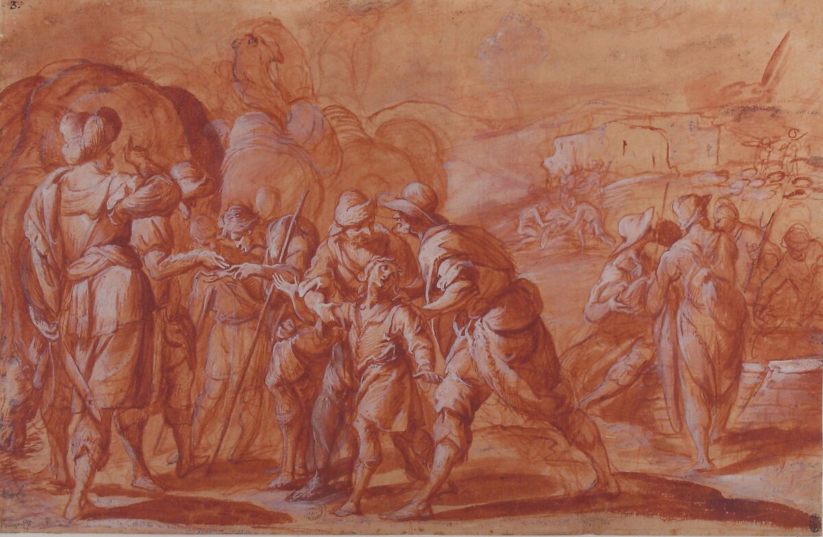 Joseph Sold by His Brethren, Giovanni Battista Discepoli ("Il Zoppo") (Italian, Castagnola 1590–1660 Milan (?)), Brush and red wash, highlighted with white, over red chalk, on red-washed paper 
