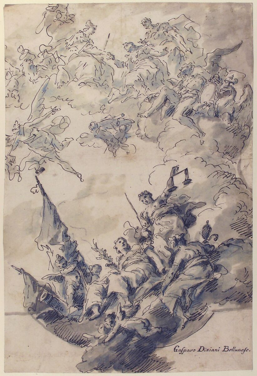 Design for a Ceiling: Venice Receiving Homage, Gaspare Diziani (Italian, Belluno 1689–1767 Venice), Pen and black ink, brush and gray-green and blue-gray wash, over black chalk