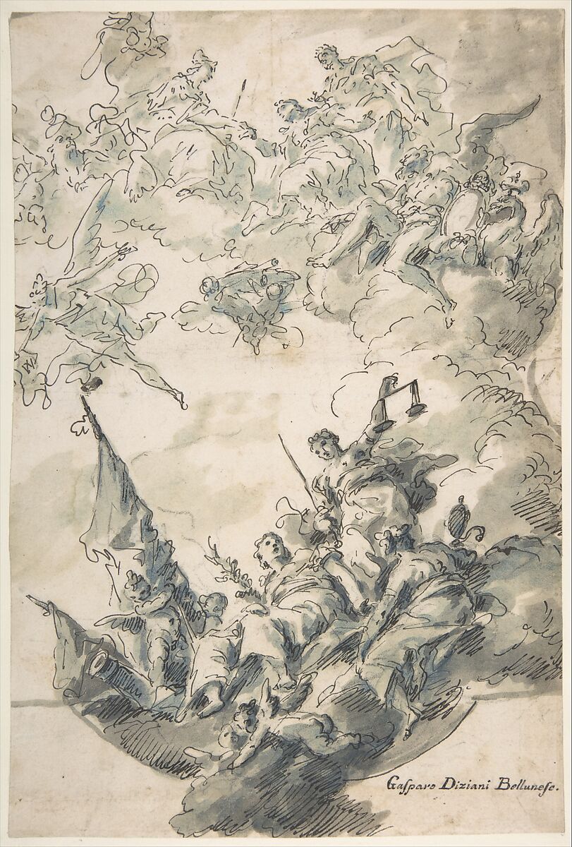 Design for a Ceiling: Venice Receiving Homage, Gaspare Diziani (Italian, Belluno 1689–1767 Venice), Pen and black ink, brush and gray-green and blue-gray wash, over black chalk 