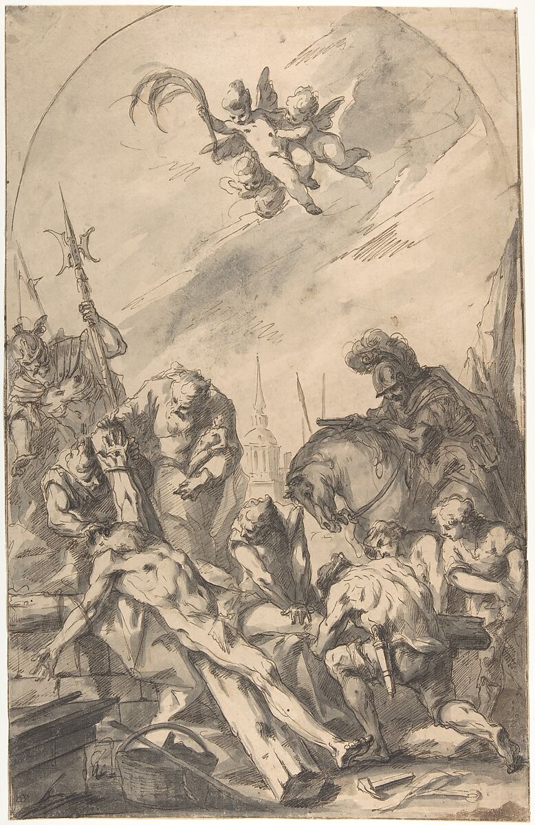 The Martyrdom of Saint Andrew (recto); Back of a Woman Wearing a Long Dress with a Ruff (verso), Gaspare Diziani (Italian, Belluno 1689–1767 Venice), Pen and brown ink, brush and gray and brown wash, over slight traces of lead or graphite (recto).  Drawing executed with arched top. Framing lines and additional arched top framing lines in pen and brown ink. Graphite (verso) 