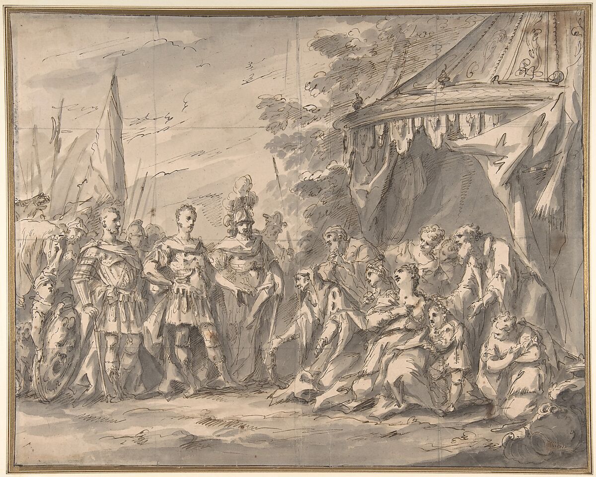 The Family of Darius before Alexander (recto); Sketch of a Horse-Drawn Cart, and Studies of Male Heads and an Infant (verso), Gaspare Diziani (Italian, Belluno 1689–1767 Venice), Pen and brown ink, brush and gray wash, over traces of black chalk; squared in graphite or lead (recto); framing lines in pen and brown ink; red chalk (verso) 