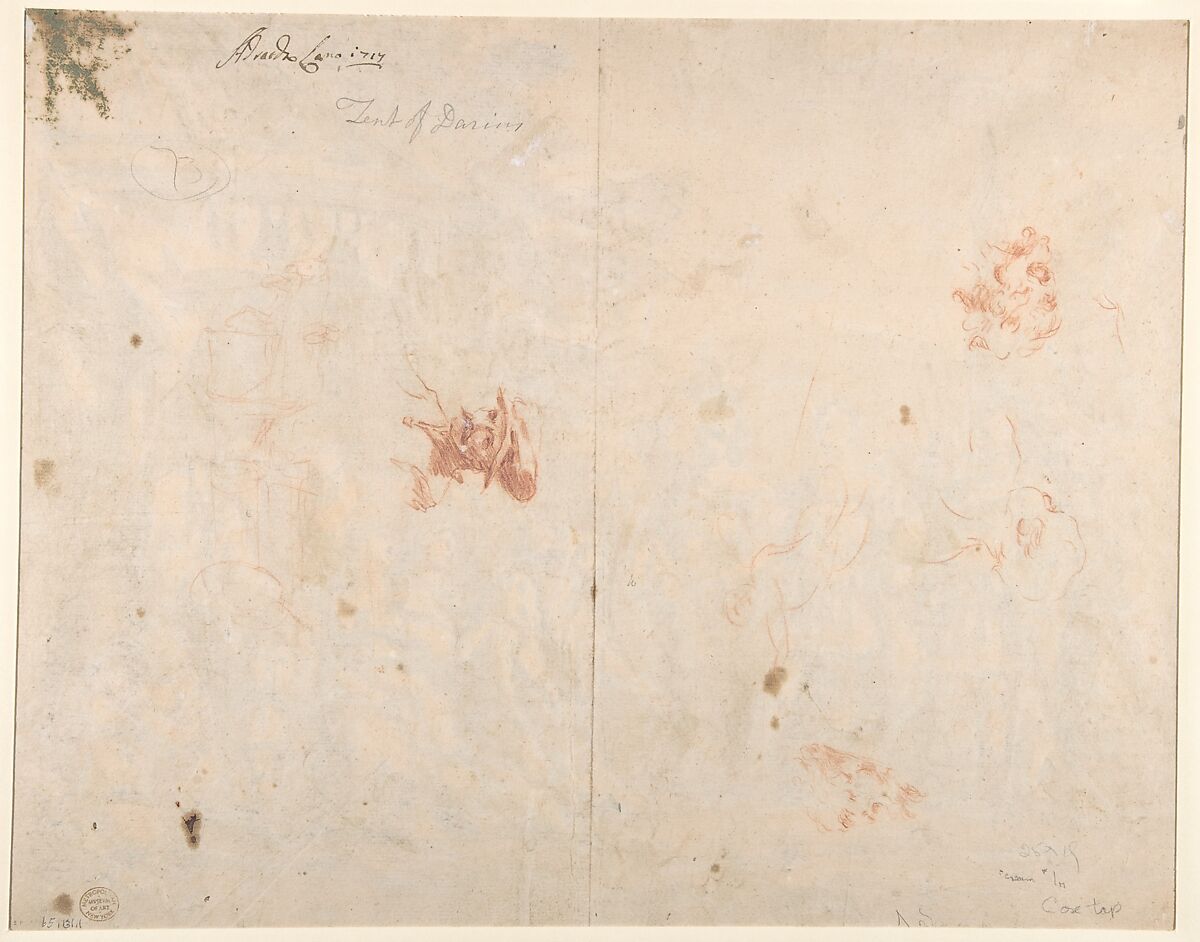 The Family of Darius before Alexander (recto); Sketch of a Horse-Drawn Cart, and Studies of Male Heads and an Infant (verso), Gaspare Diziani (Italian, Belluno 1689–1767 Venice), Pen and brown ink, brush and gray wash, over traces of black chalk; squared in graphite or lead (recto); framing lines in pen and brown ink; red chalk (verso)