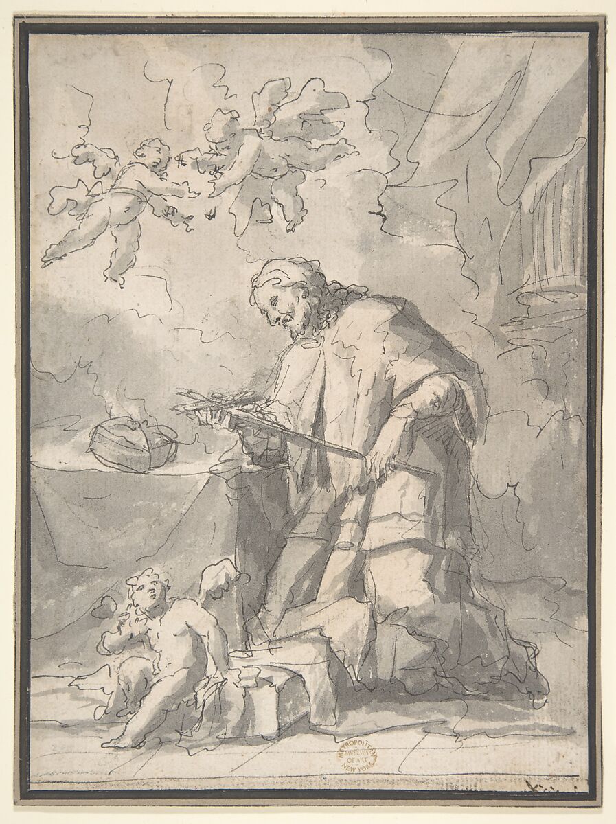 Saint John Nepomucen Venerating a Crucifix, Gaspare Diziani  Italian, Pen and black ink, brush and gray wash, over traces of black chalk. Lined