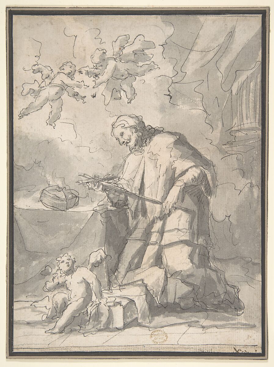 Saint John Nepomucen Venerating a Crucifix, Gaspare Diziani (Italian, Belluno 1689–1767 Venice), Pen and black ink, brush and gray wash, over traces of black chalk. Lined 