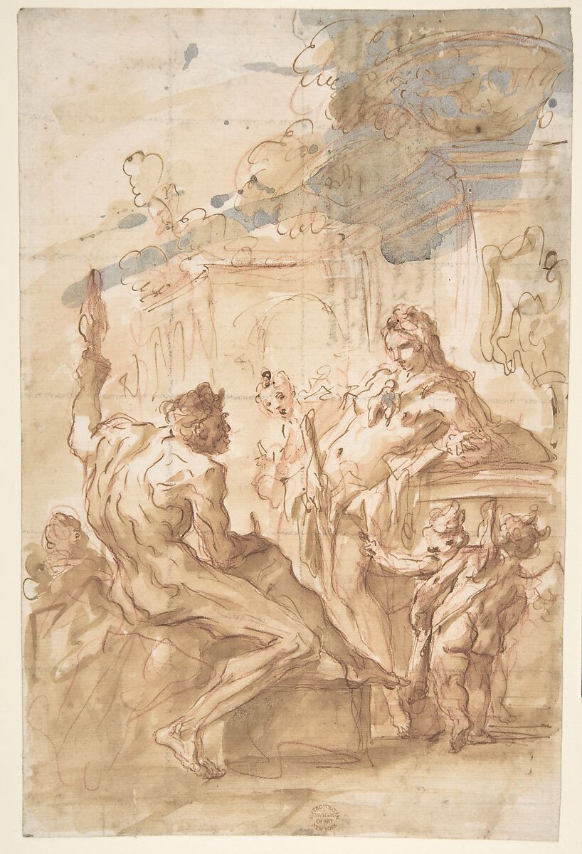 Hercules and Omphale, Gaspare Diziani  Italian, Pen and brown ink, brush and brown wash, over red chalk; squared in black chalk