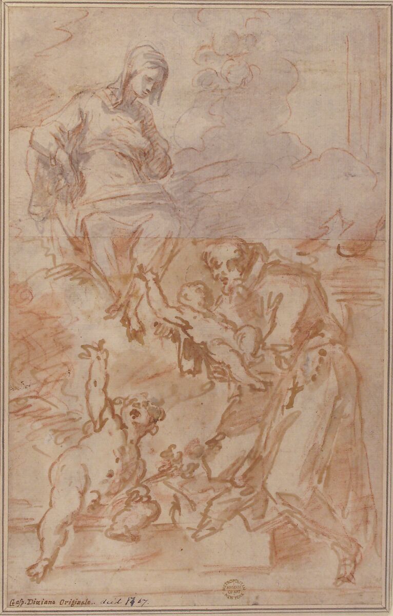 The Virgin Entrusting the Christ Child to Saint Francis of Assisi, attributed to Gaspare Diziani (Italian, Belluno 1689–1767 Venice) ?, Two sheets of paper joined horizontally above center: pen and brown ink, brush and gray wash, over red chalk and lead or graphite (bottom sheet);   brush and gray wash, over red chalk (top sheet)
