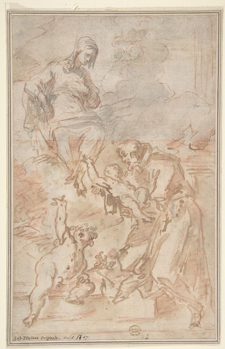 The Virgin Entrusting the Christ Child to Saint Francis of Assisi, attributed to Gaspare Diziani (Italian, Belluno 1689–1767 Venice) ?, Two sheets of paper joined horizontally above center: pen and brown ink, brush and gray wash, over red chalk and lead or graphite (bottom sheet);   brush and gray wash, over red chalk (top sheet) 
