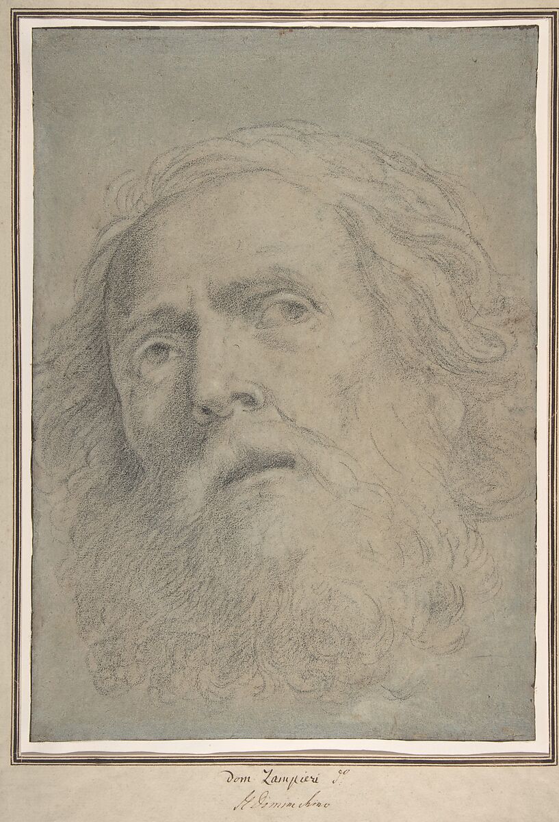 Head of a Bearded Man, Domenichino (Domenico Zampieri) (Italian, Bologna 1581–1641 Naples), Black chalk, highlighted with white chalk, on blue-gray paper partly faded light brown 