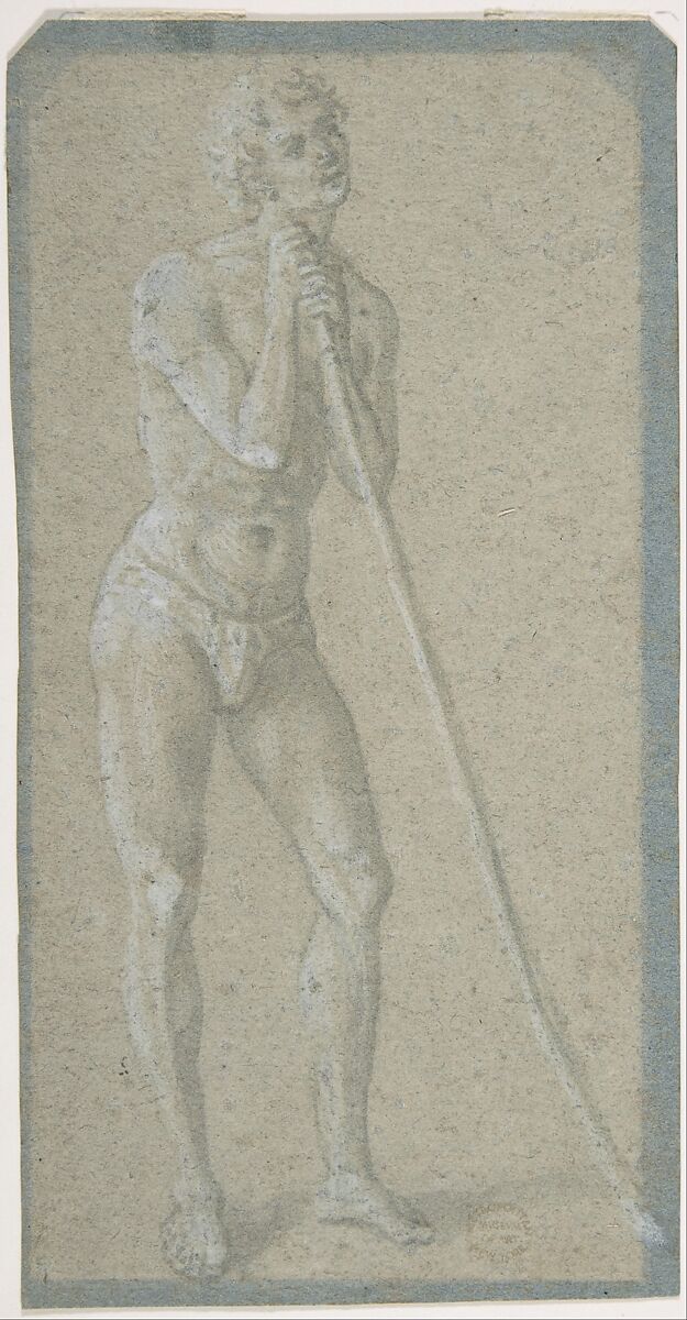 Standing Youth Leaning on a Long Staff (recto); Seated Man (verso), Domenico Veneziano  Italian, Brush and gray wash, highlighted with brush and white gouache, on faded blue paper (recto); faint black chalk sketch of a seated man (verso)