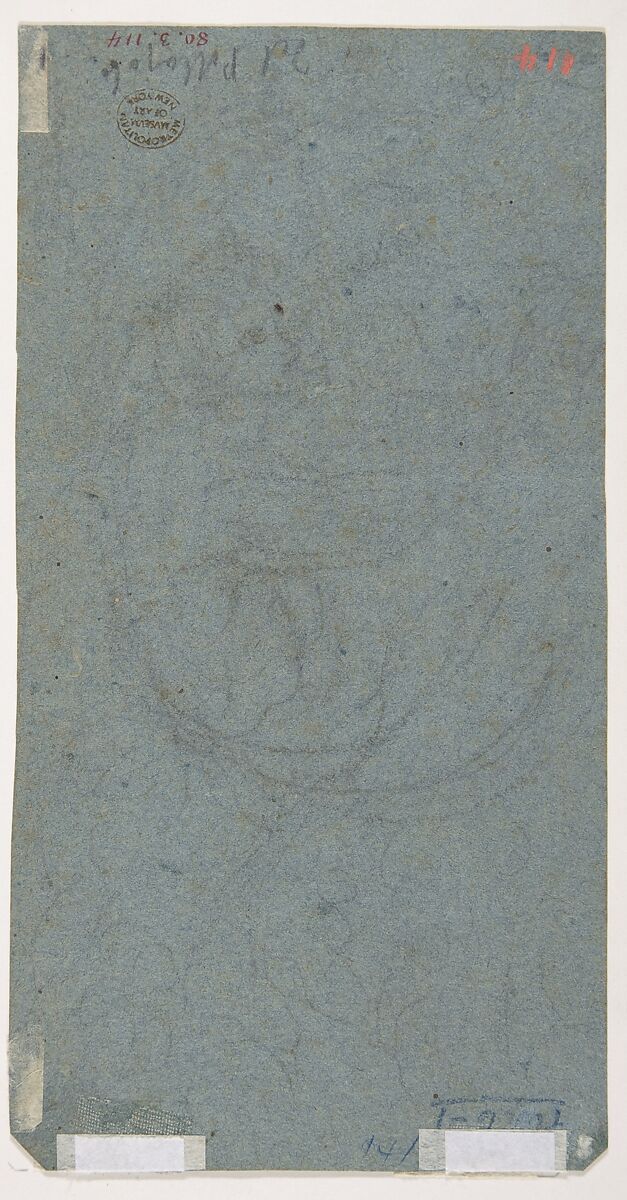 Standing Youth Leaning on a Long Staff (recto); Seated Man (verso), anonymous artist near Domenico Veneziano (Italian, active by 1438–died 1461 Florence), Brush and gray wash, highlighted with brush and white gouache, on faded blue paper (recto); faint black chalk sketch of a seated man (verso)