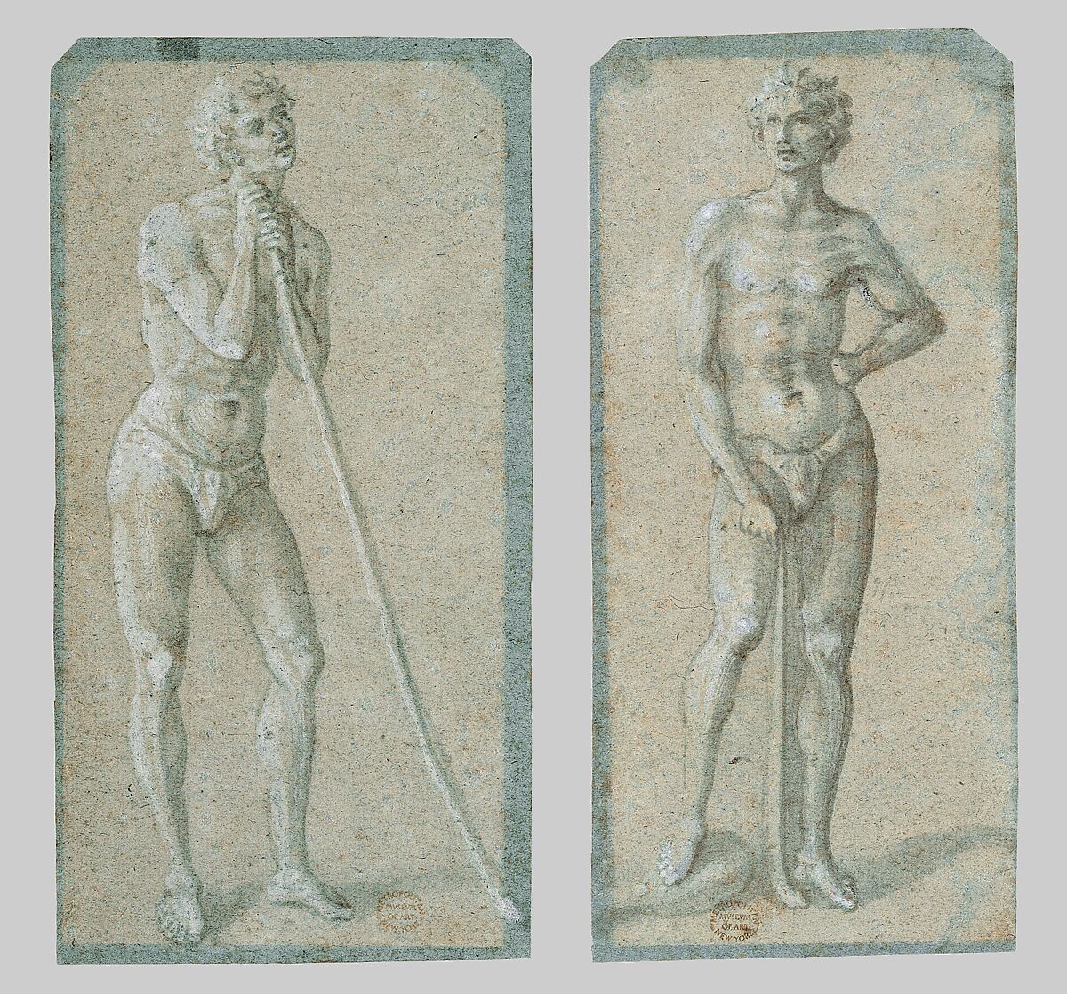 Standing Youth Leaning on a Long Staff (recto); Seated Man (verso), anonymous artist near Domenico Veneziano (Italian, active by 1438–died 1461 Florence), Brush and gray wash, highlighted with brush and white gouache, on faded blue paper (recto); faint black chalk sketch of a seated man (verso)