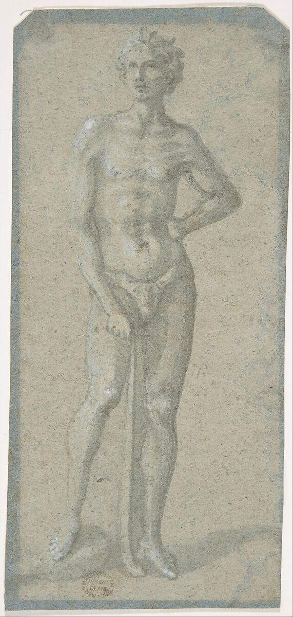 Standing Youth Holding a Club (recto); Temptation of Adam and Eve (verso), Anonymous artist near Domenico Veneziano (Italian, active by 1438–died 1461 Florence), Brush and gray wash, highlighted with brush and white gouache, on faded blue paper (recto); fragment of the Temptation of Adam and Eve in pen and brown ink, over black chalk, on blue paper that has not faded (verso) 