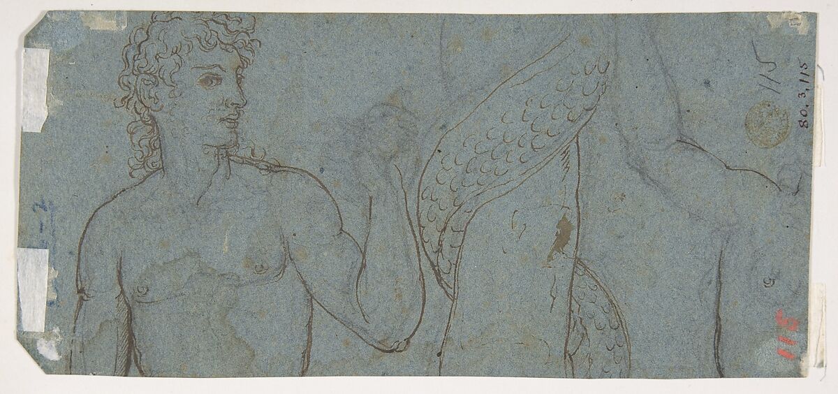Standing Youth Holding a Club (recto); Temptation of Adam and Eve (verso), Anonymous artist near Domenico Veneziano (Italian, active by 1438–died 1461 Florence), Brush and gray wash, highlighted with brush and white gouache, on faded blue paper (recto); fragment of the Temptation of Adam and Eve in pen and brown ink, over black chalk, on blue paper that has not faded (verso)