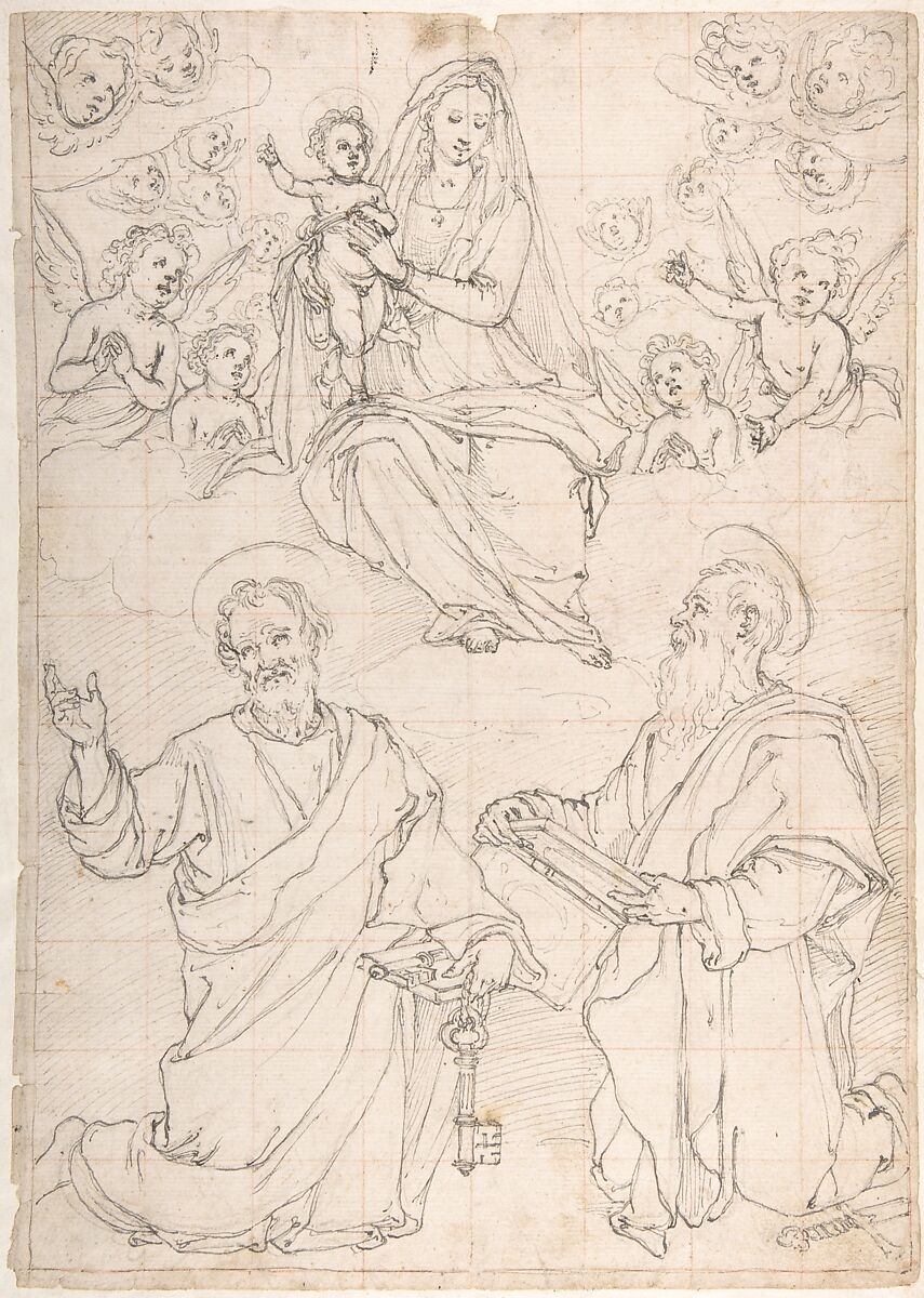 Virgin and Child Appearing in a Glory of Angels to Saint Peter and Saint Paul, Jacopo da Empoli (Jacopo Chimenti) (Italian, Florence 1551–1640 Florence), Pen and dark brown ink, over black chalk; squared in red chalk 