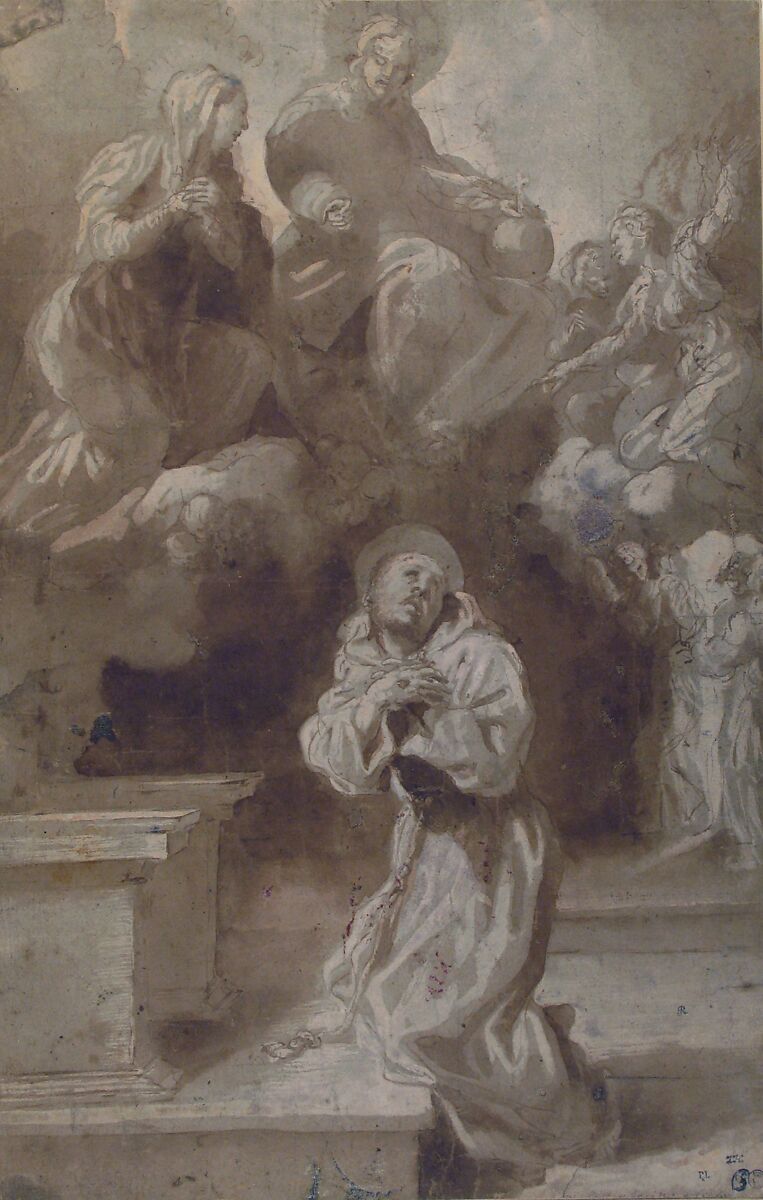 Christ and the Virgin Appearing to Saint Francis, Pietro Faccini (Italian, Bologna ca. 1562–1602 Bologna), Pen and brown ink, brush and brown wash, highlighted with white gouache, over traces of charcoal or soft black chalk, on blue-green paper; scattered paint stains throughout
