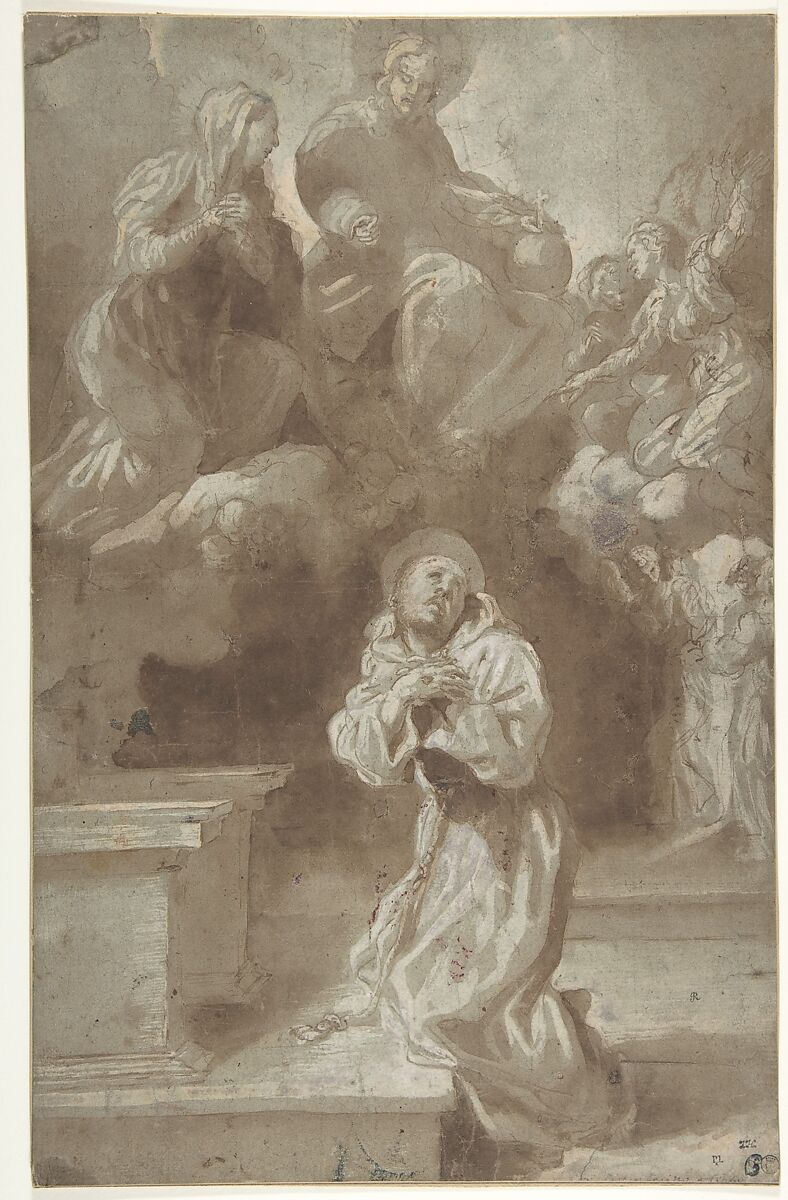 Christ and the Virgin Appearing to Saint Francis, Pietro Faccini (Italian, Bologna ca. 1562–1602 Bologna), Pen and brown ink, brush and brown wash, highlighted with white gouache, over traces of charcoal or soft black chalk, on blue-green paper; scattered paint stains throughout 