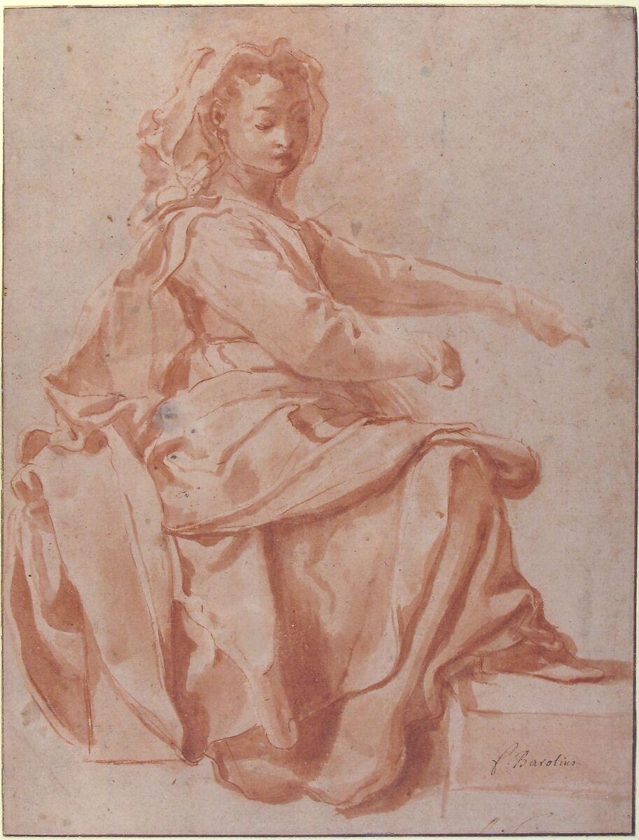 Seated Female Figure, Pietro Faccini (Italian, Bologna ca. 1562–1602 Bologna), Brush and red wash, over red chalk; framing lines in pen and brown ink