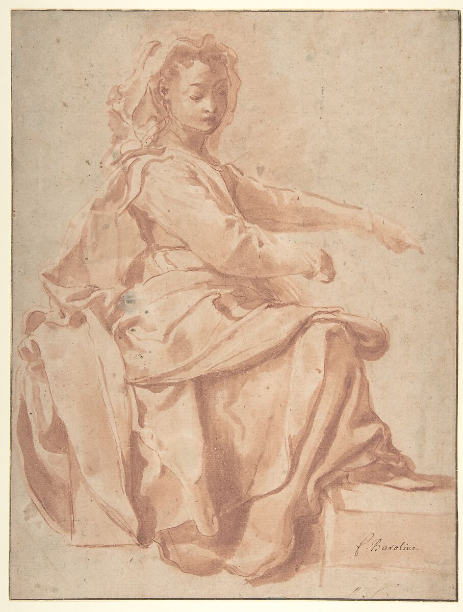 Seated Female Figure, Pietro Faccini (Italian, Bologna ca. 1562–1602 Bologna), Brush and red wash, over red chalk; framing lines in pen and brown ink 