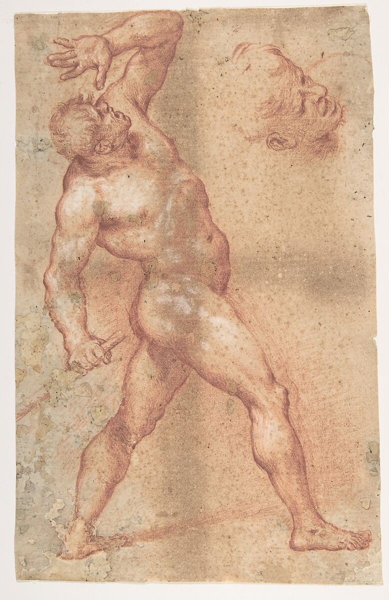 Male Nude with Left Arm Upraised, and a Further Study of His Head, Aniello Falcone (Italian, Naples 1607–1656 Naples), Red chalk 