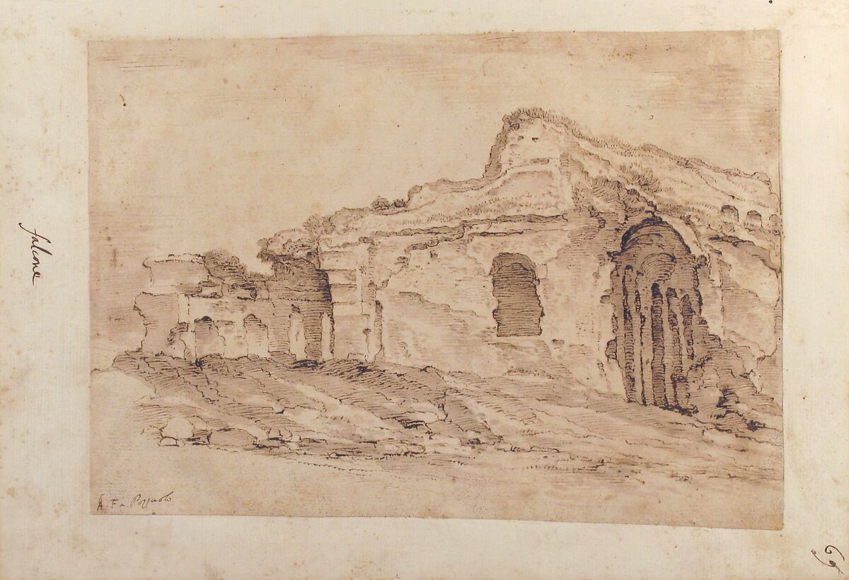 Ruins of the Roman Arena at Pozzuoli, Aniello Falcone (Italian, Naples 1607–1656 Naples), Pen and brown ink, brush and brown wash