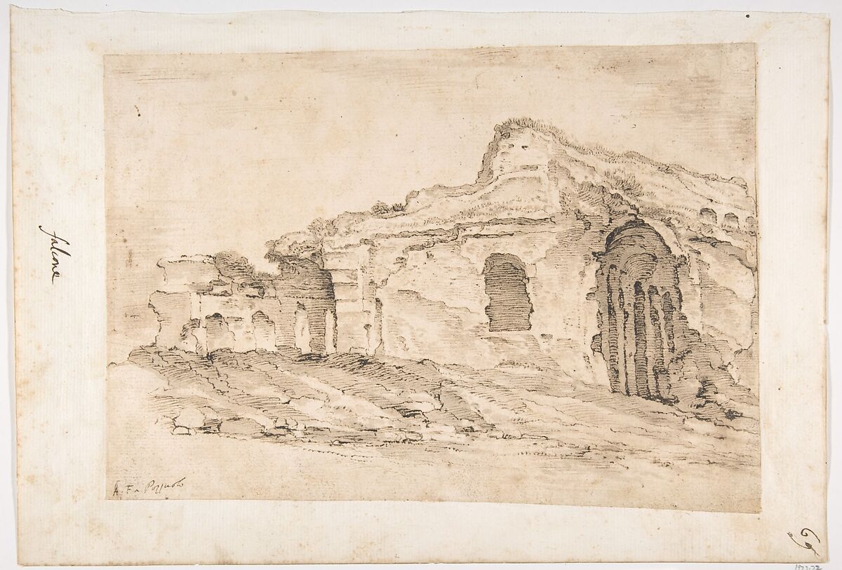 Ruins of the Roman Arena at Pozzuoli, Aniello Falcone (Italian, Naples 1607–1656 Naples), Pen and brown ink, brush and brown wash 