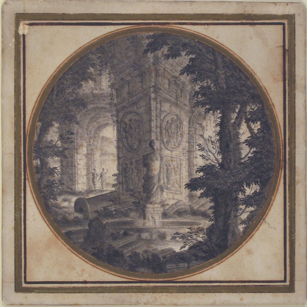 Imaginary Landscape with Classical Ruins; Fountain in Foreground, Carlo Fantaccini (Italian, documented Rome 1701–1750 Rome), Point of a brush and gray wash, over graphite; framing lines in pen and brown ink and bronze paint