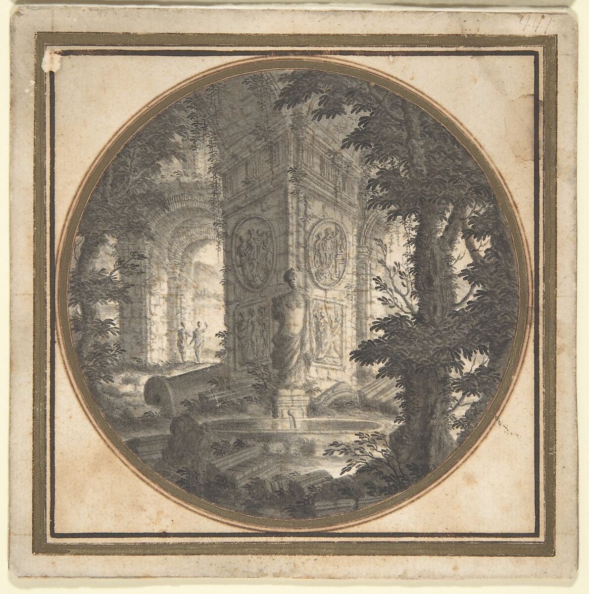 Imaginary Landscape with Classical Ruins; Fountain in Foreground, Carlo Fantaccini (Italian, documented Rome 1701–1750 Rome), Point of a brush and gray wash, over graphite; framing lines in pen and brown ink and bronze paint 