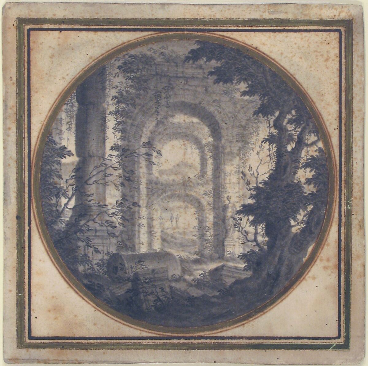 Imaginary Landscape with Classical Ruins, Carlo Fantaccini (Italian, documented Rome 1701–1750 Rome), Point of a brush and gray wash, over graphite; framing lines in pen and brown ink and bronze paint