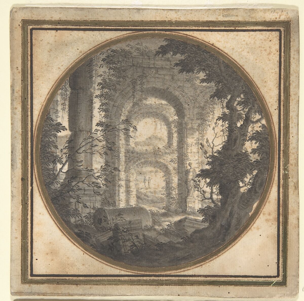 Imaginary Landscape with Classical Ruins, Carlo Fantaccini (Italian, documented Rome 1701–1750 Rome), Point of a brush and gray wash, over graphite; framing lines in pen and brown ink and bronze paint 