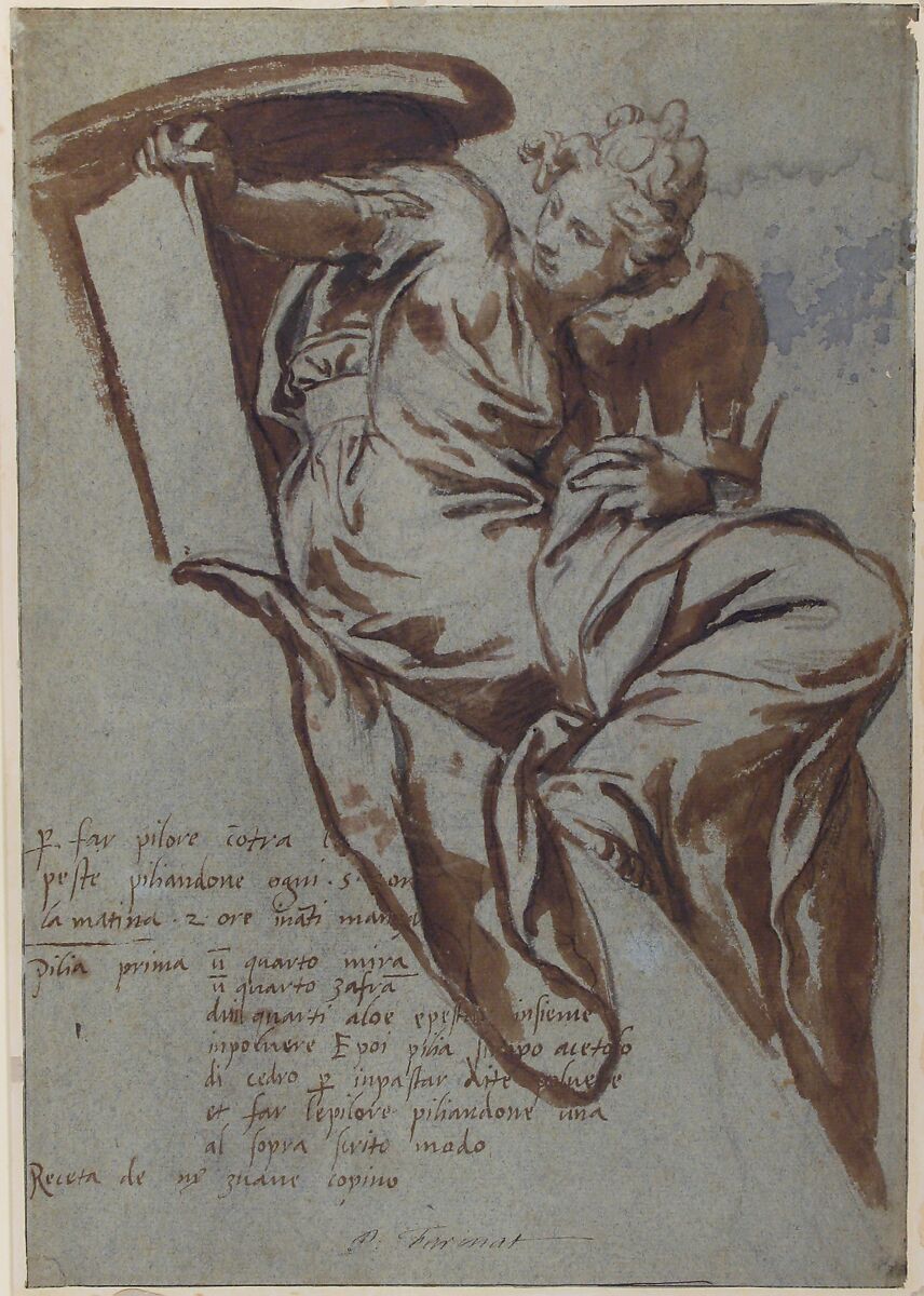 Project for the Decoration of a Spandrel: Winged Female Figure Holding a Tablet and a Crown, Paolo Farinati (Italian, Verona 1524–1606 Verona), Brush and brown wash, over black chalk, on blue paper