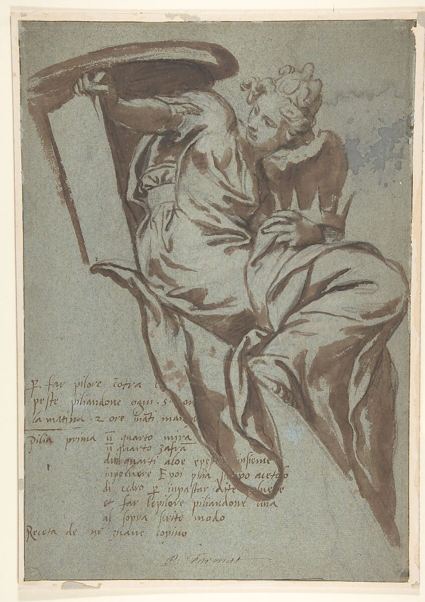 Project for the Decoration of a Spandrel: Winged Female Figure Holding a Tablet and a Crown, Paolo Farinati (Italian, Verona 1524–1606 Verona), Brush and brown wash, over black chalk, on blue paper 
