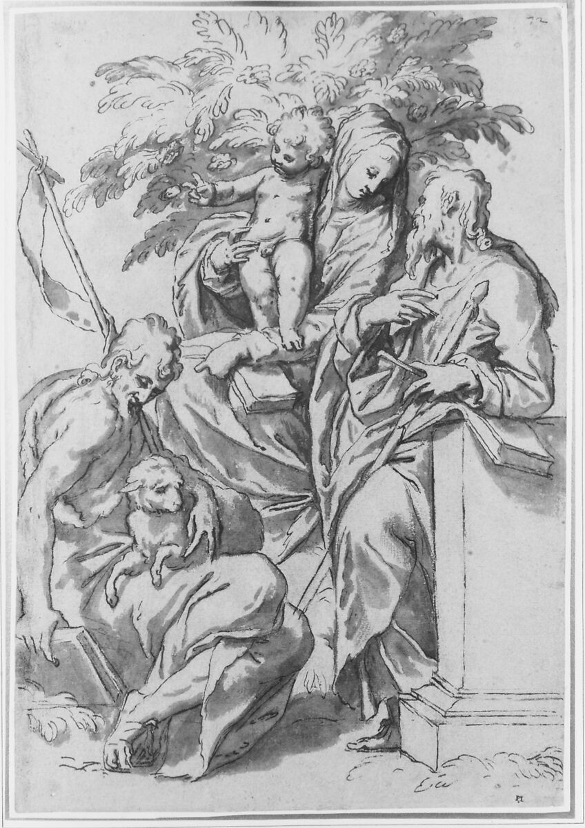 Virgin and Child with Saint John the Baptist and Saint Paul, Paolo Farinati (Italian, Verona 1524–1606 Verona), Pen and brown ink, brush and brown wash, over traces of black chalk, on blue paper