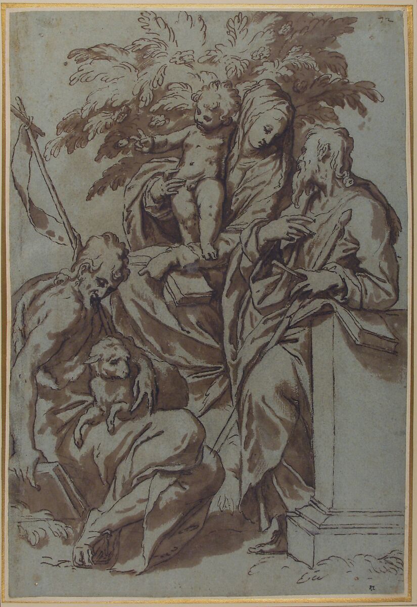 Virgin and Child with Saint John the Baptist and Saint Paul, Paolo Farinati (Italian, Verona 1524–1606 Verona), Pen and brown ink, brush and brown wash, over traces of black chalk, on blue paper