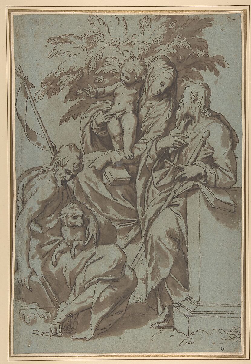 Virgin and Child with Saint John the Baptist and Saint Paul, Paolo Farinati (Italian, Verona 1524–1606 Verona), Pen and brown ink, brush and brown wash, over traces of black chalk, on blue paper 