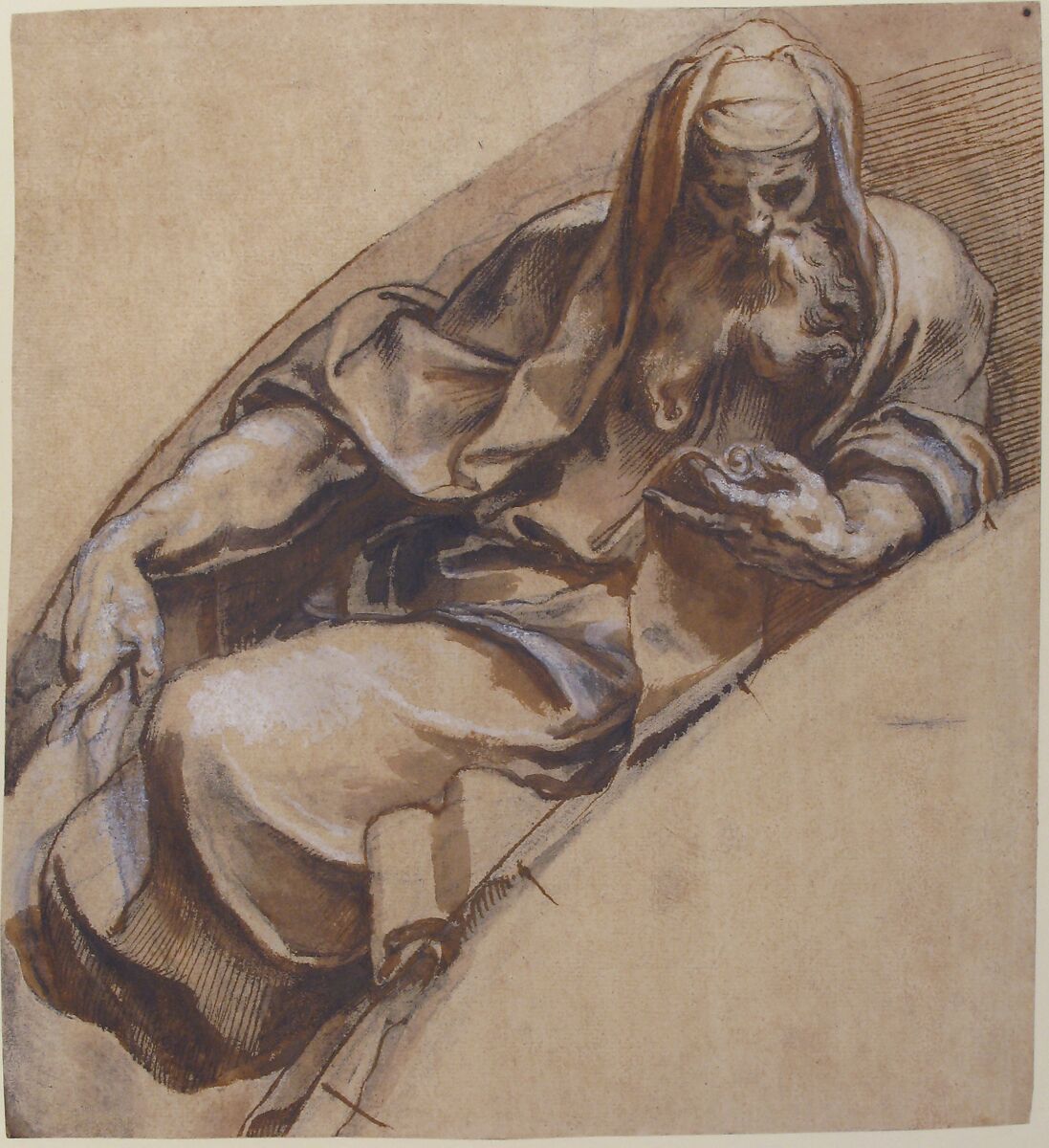 Seated, Bearded Man Holding a Banderole, Paolo Farinati (Italian, Verona 1524–1606 Verona), Pen and brown ink, brown wash, highlighted with white, over black chalk