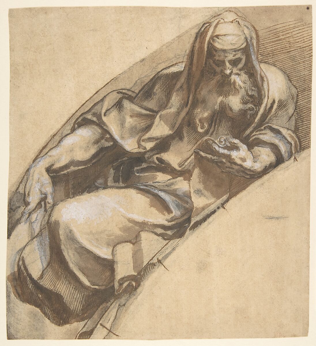 Seated, Bearded Man Holding a Banderole, Paolo Farinati (Italian, Verona 1524–1606 Verona), Pen and brown ink, brown wash, highlighted with white, over black chalk 