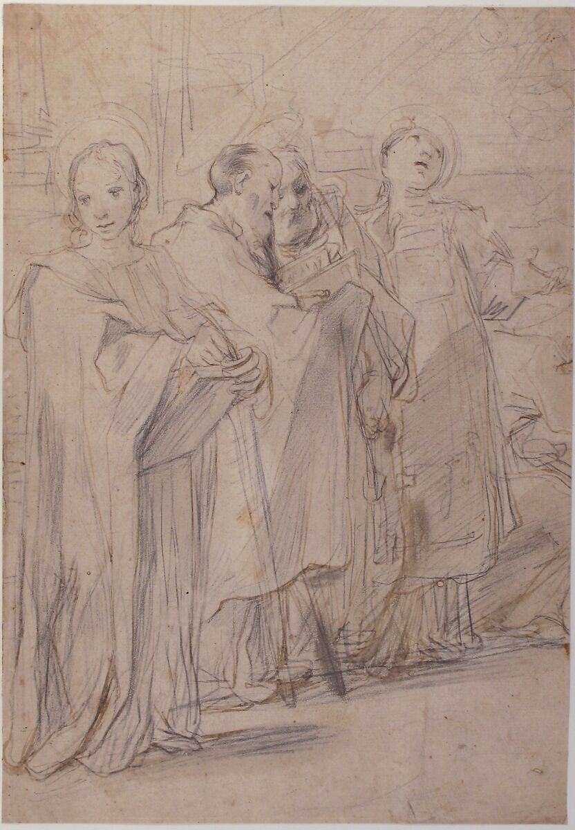 Saints John the Evangelist, Paul, Peter, and Stephen, Ferraù Fenzoni (Italian, Faenza 1562–1645 Faenza), Black chalk, pen and brown ink, brush and brown wash