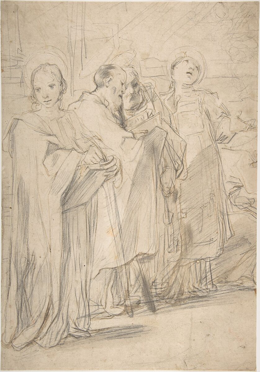 Saints John the Evangelist, Paul, Peter, and Stephen, Ferraù Fenzoni (Italian, Faenza 1562–1645 Faenza), Black chalk, pen and brown ink, brush and brown wash 