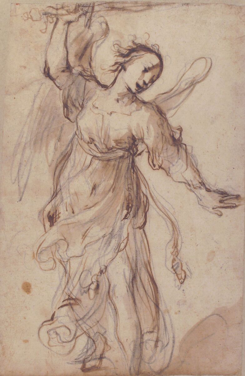 Standing Angel Brandishing a Sword, Ferraù Fenzoni (Italian, Faenza 1562–1645 Faenza), Pen and brown ink, brush and brown wash, over black chalk