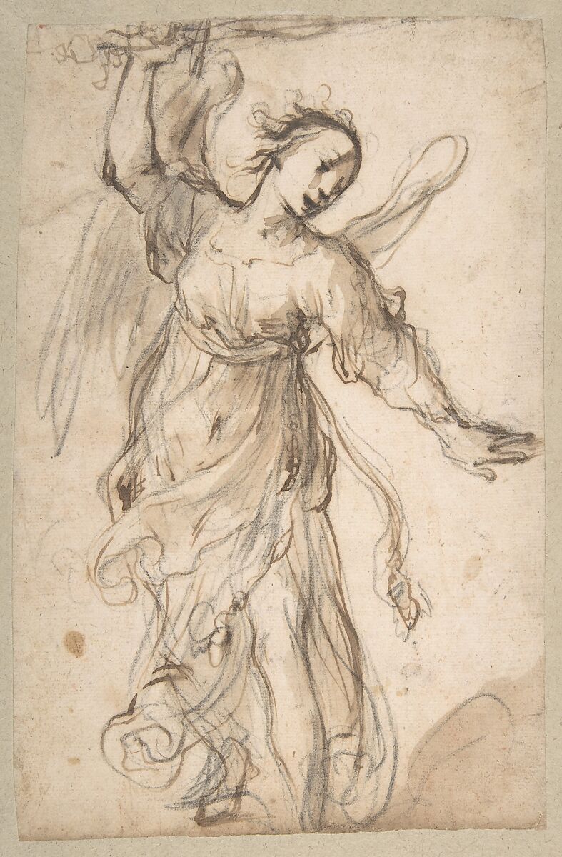 Standing Angel Brandishing a Sword, Ferraù Fenzoni (Italian, Faenza 1562–1645 Faenza), Pen and brown ink, brush and brown wash, over black chalk 