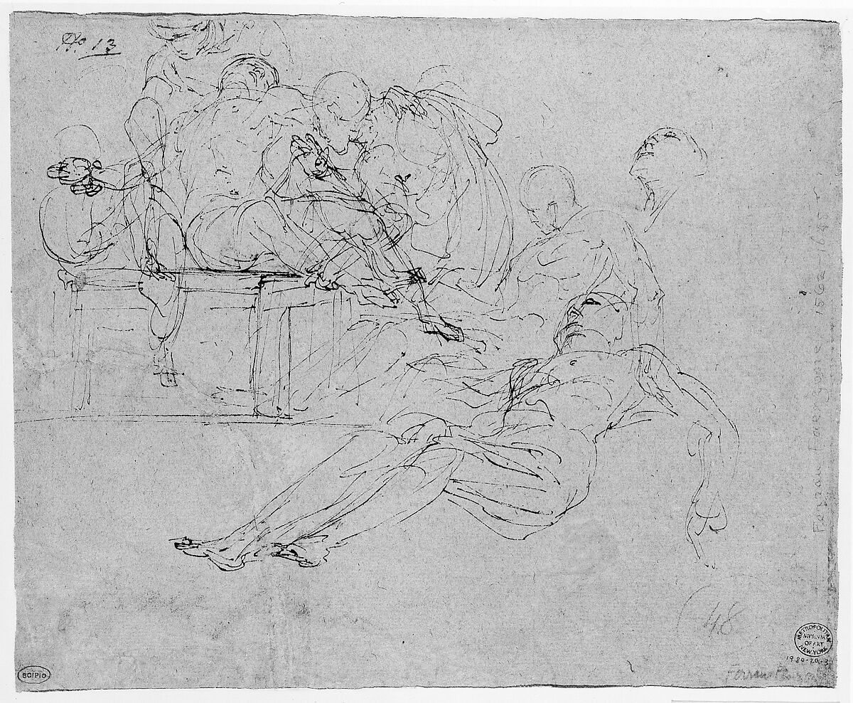 Lamentation over the Dead Christ at the Foot of the Cross (recto); Studies for the Burial of Christ (verso), Ferraù Fenzoni (Italian, Faenza 1562–1645 Faenza), Pen and brown ink, on blue paper