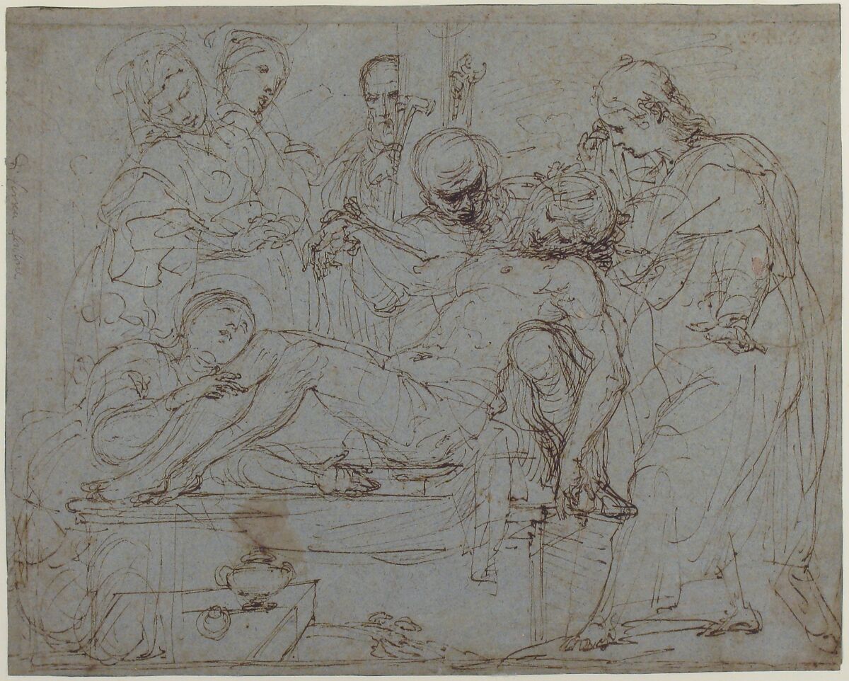 Lamentation over the Dead Christ at the Foot of the Cross (recto); Studies for the Burial of Christ (verso), Ferraù Fenzoni (Italian, Faenza 1562–1645 Faenza), Pen and brown ink, on blue paper