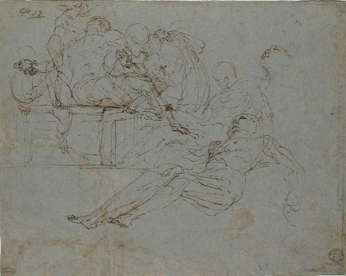 Lamentation over the Dead Christ at the Foot of the Cross (recto); Studies for the Burial of Christ (verso), Ferraù Fenzoni (Italian, Faenza 1562–1645 Faenza), Pen and brown ink, on blue paper