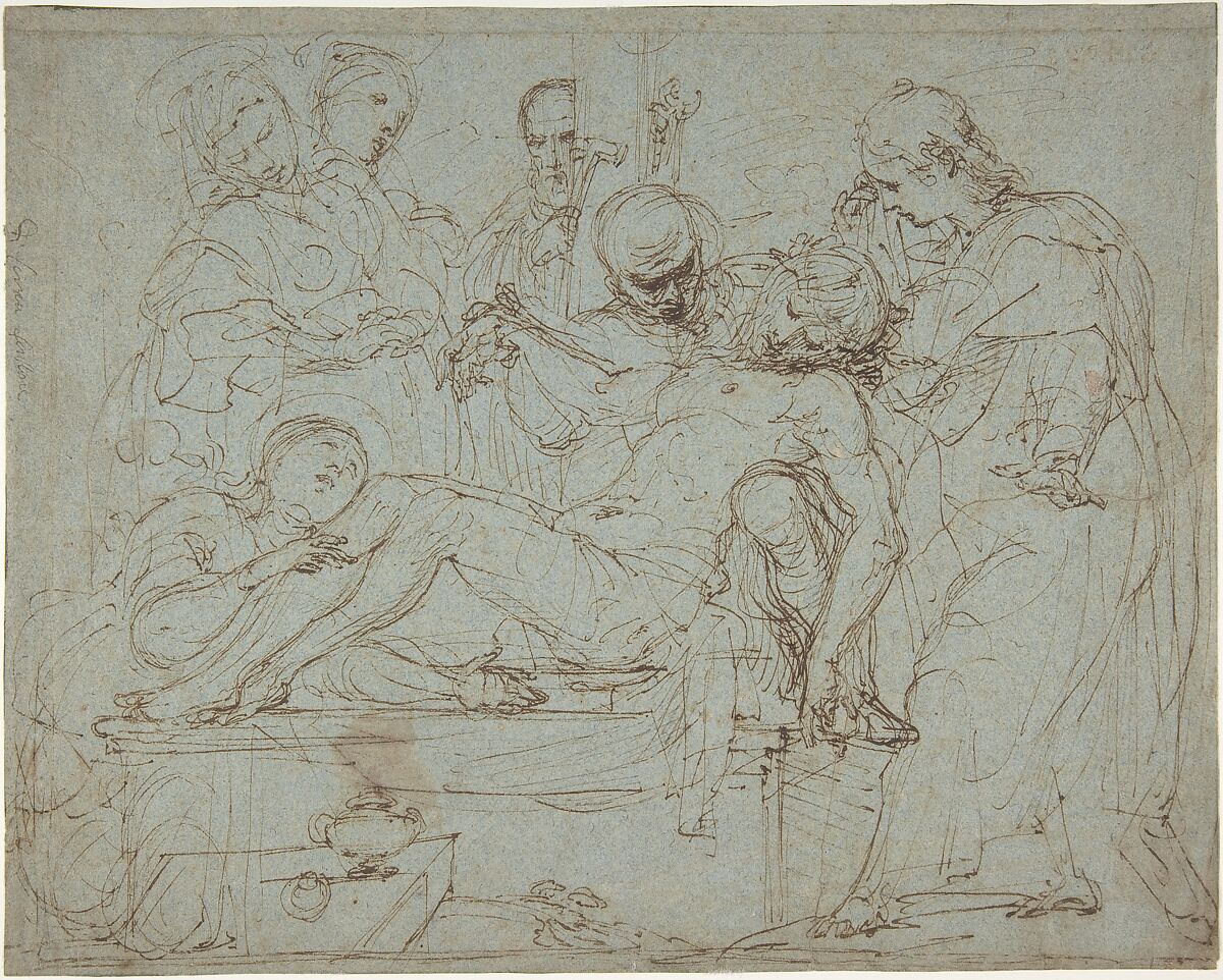 Lamentation over the Dead Christ at the Foot of the Cross (recto); Studies for the Burial of Christ (verso), Ferraù Fenzoni (Italian, Faenza 1562–1645 Faenza), Pen and brown ink, on blue paper 