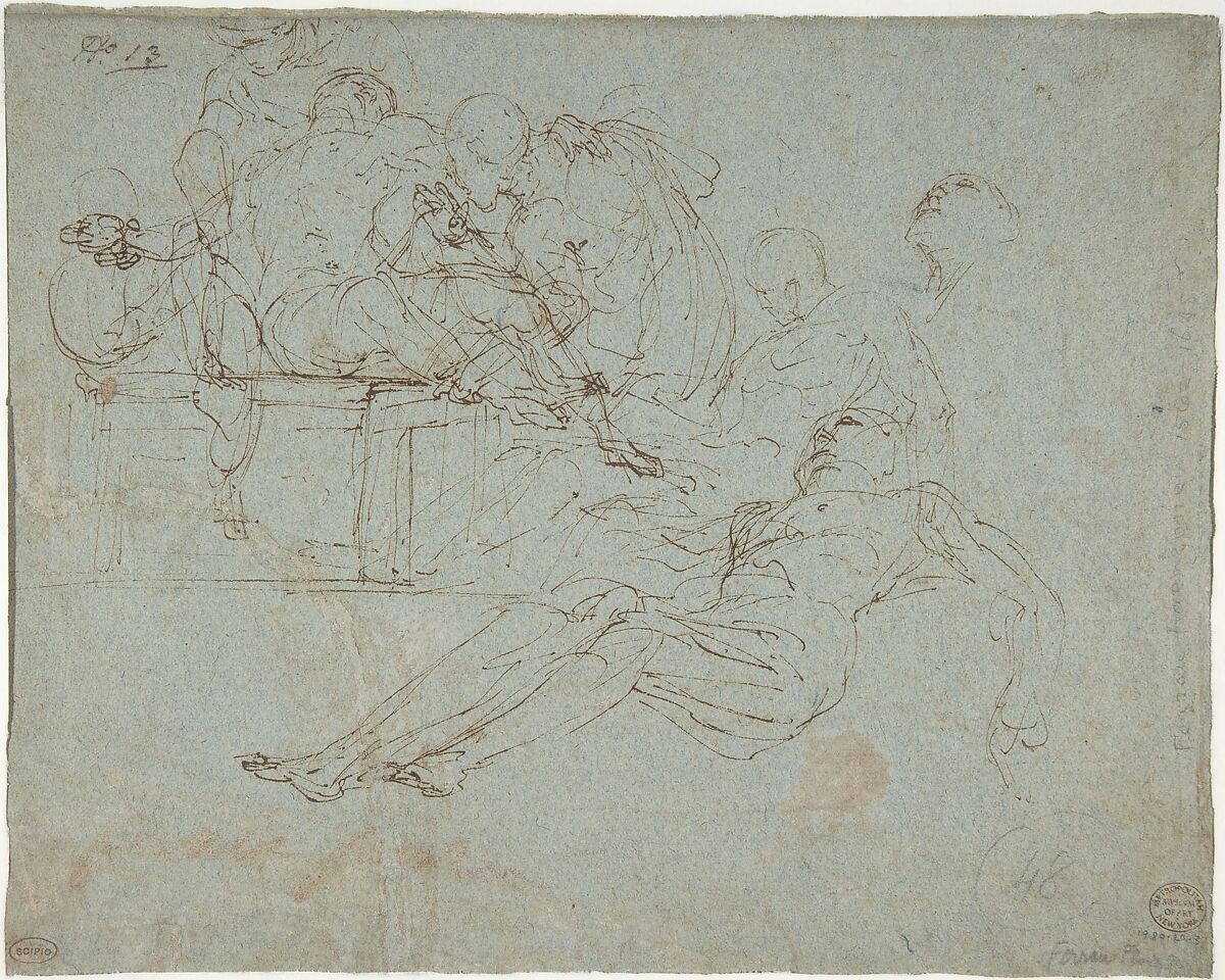 Lamentation over the Dead Christ at the Foot of the Cross (recto); Studies for the Burial of Christ (verso), Ferraù Fenzoni (Italian, Faenza 1562–1645 Faenza), Pen and brown ink, on blue paper