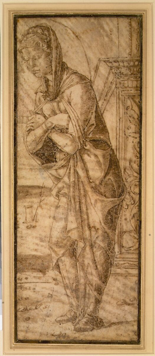 The Virgin Annunciate, Anonymous, Italian, Ferrarese, 15th century, Pen and brown ink, brush and brown wash, on parchment