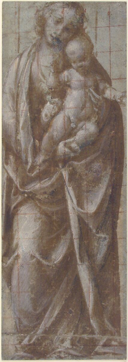Standing Virgin Holding the Christ Child, Gaudenzio Ferrari (Italian, Valduggia 1475/80–1546 Milan), Pen and brown ink, brush and brown wash, highlighted with white, on blue paper; squared in red chalk