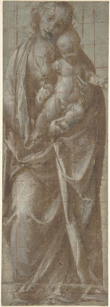 Standing Virgin Holding the Christ Child, Gaudenzio Ferrari  Italian, Pen and brown ink, brush and brown wash, highlighted with white, on blue paper; squared in red chalk