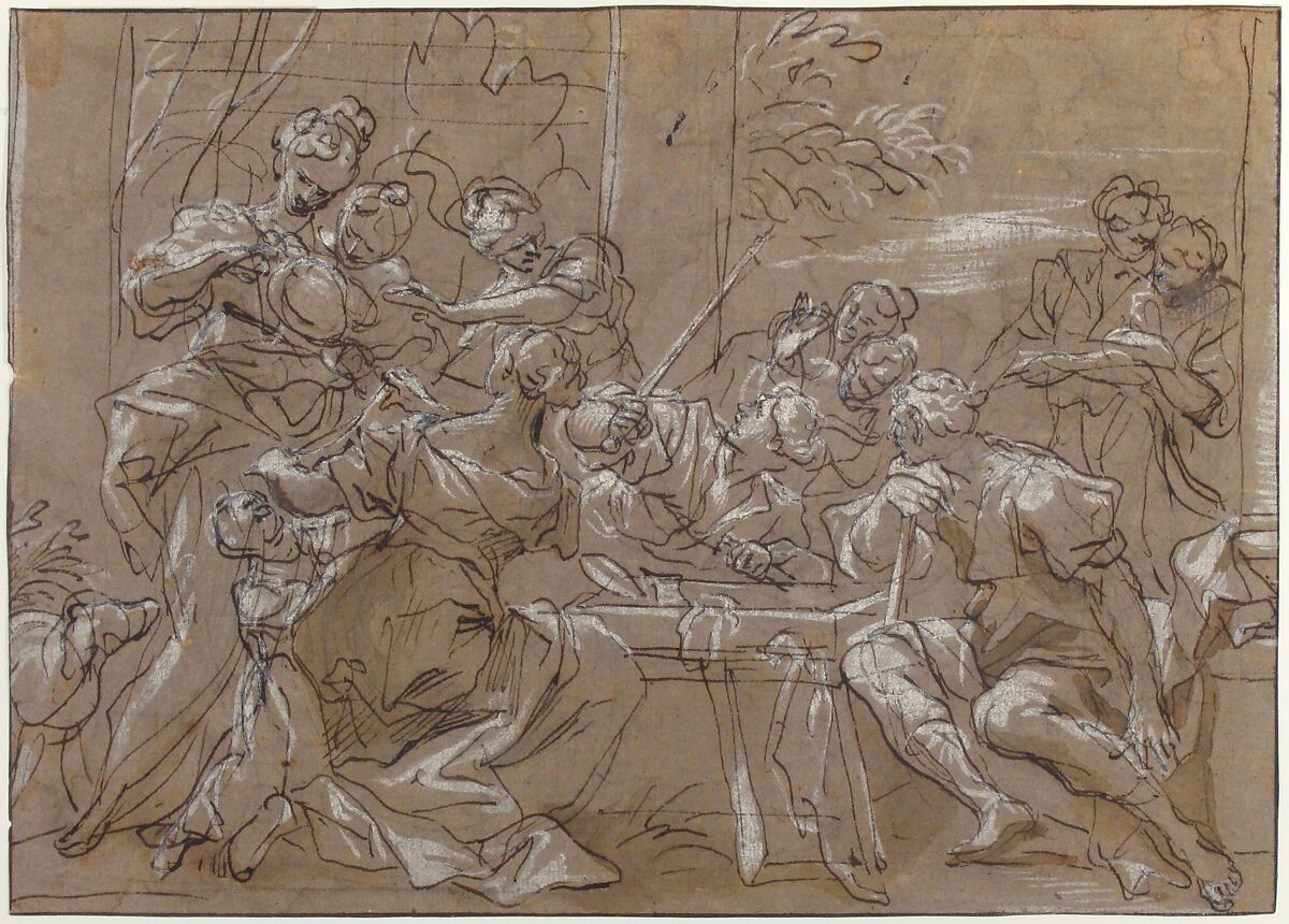 Achilles and the Daughters of Lycomedes, Gregorio de' Ferrari (Italian, Porto Maurizio 1647–1726 Genoa), Pen and brown ink, highlighted with white, over black chalk, on brownish paper